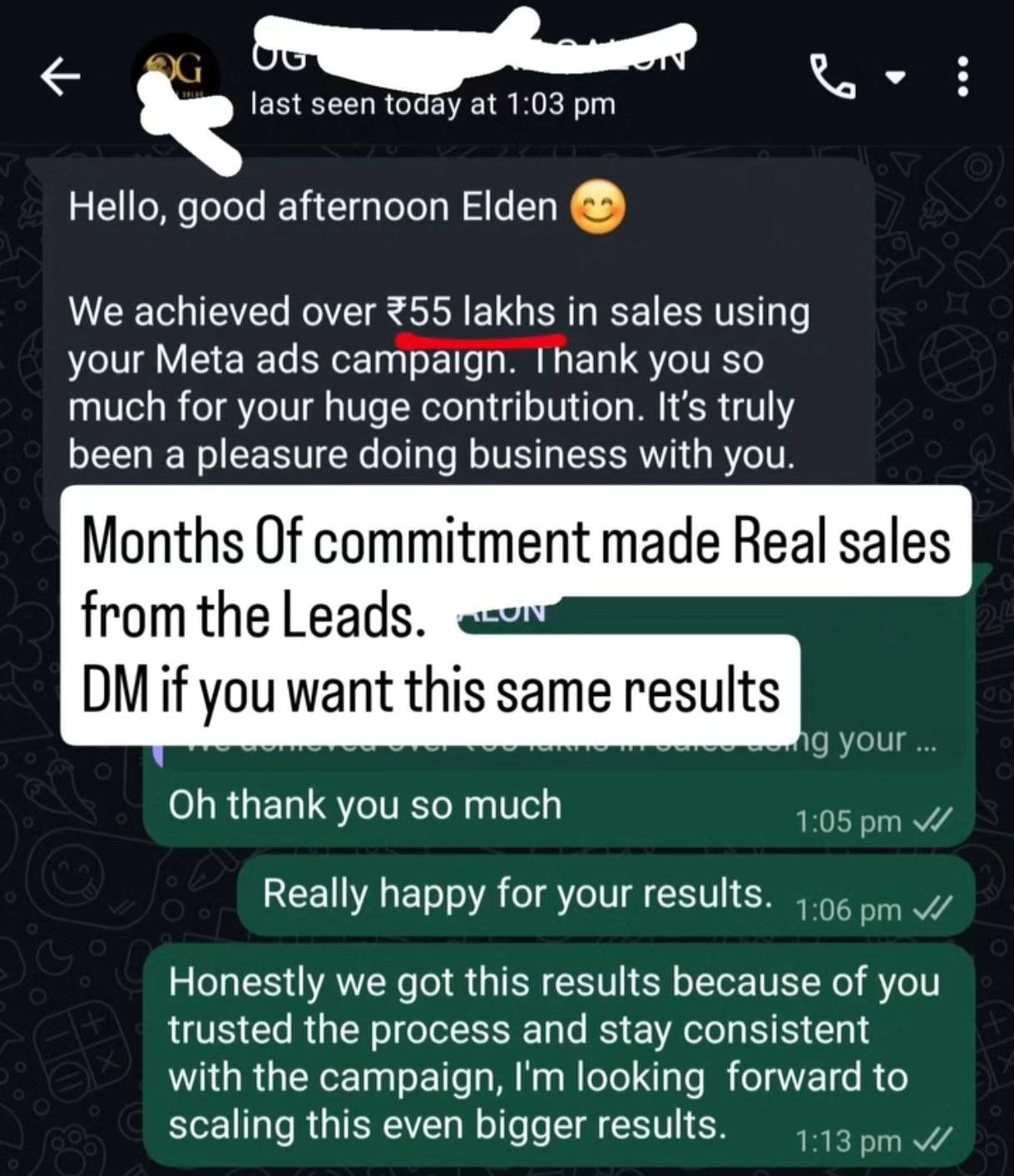 Client message confirming over 55 lakh rupees in sales from Meta Ads